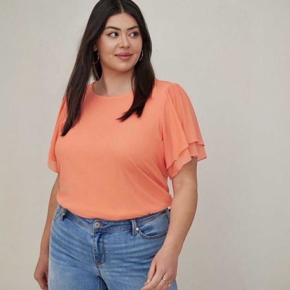 Torrid Stretch Mesh & Challis Coral Crew Neck Flutter Sleeve Top Sz 1X